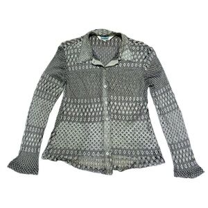 Y2K Vintage Hourglass Silver Crochet Sheer Open Knit Cardigan Sweater Medium
